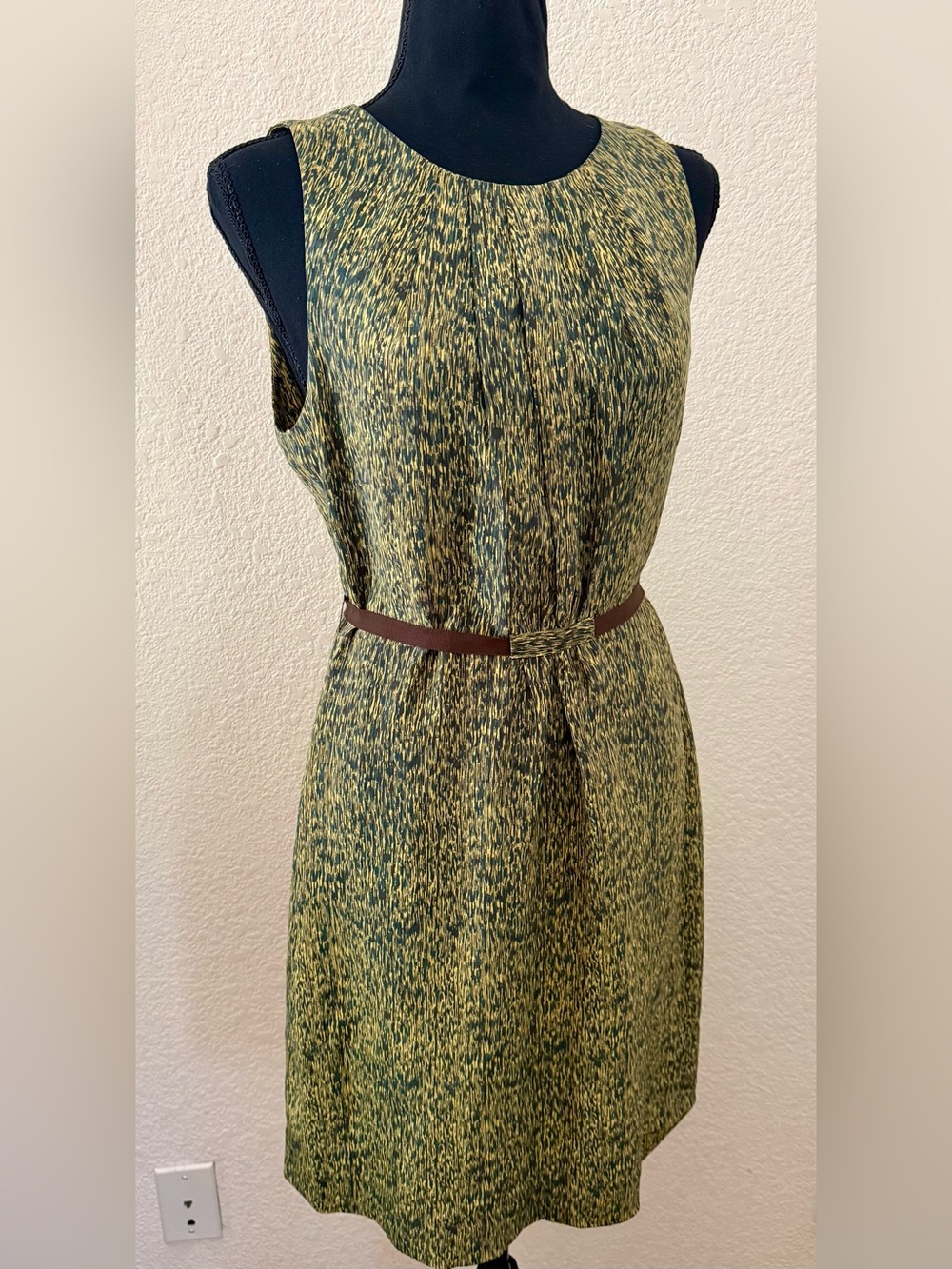 Marcs 100% Silk Shift Dress Olive Green Yellow Abstract Print Tie Belt AU 10 US